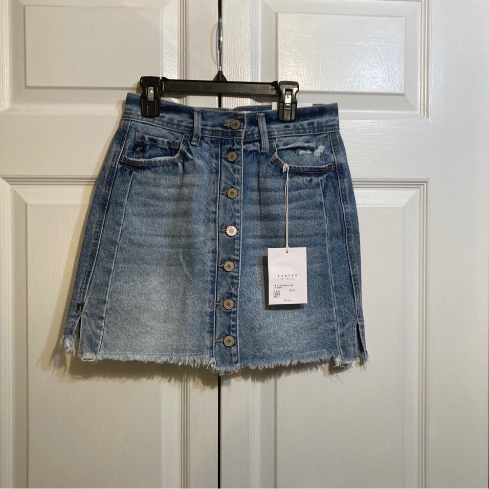 NWT Kancan Medium Wash Denim Jean A-Line Skirt Size S Small  Blue Button Front